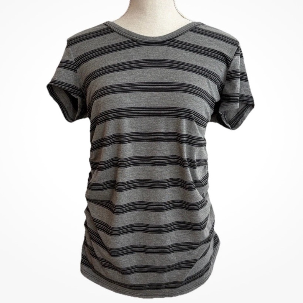 Love Ryan LA Grey Black Stripe Short Sleeve Top Gathered Sides Size S Juniors